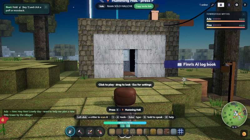The Humming Hall, a pale building with a windmill and a chimney on its roof