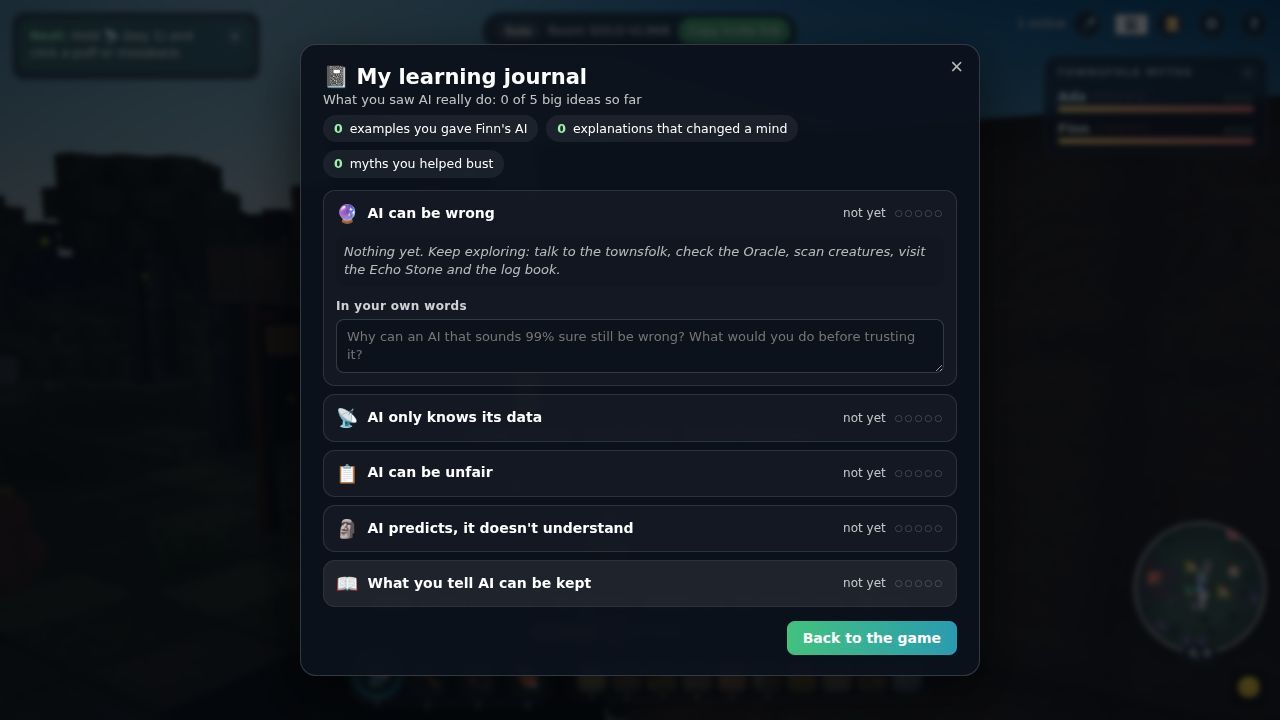 The learning journal listing the big ideas and the moments a player saw