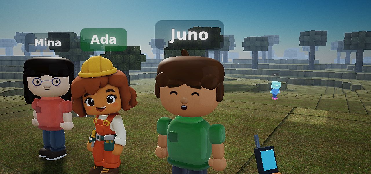 Three players with different faces and hairstyles stand in the village meadow, name tags above their heads