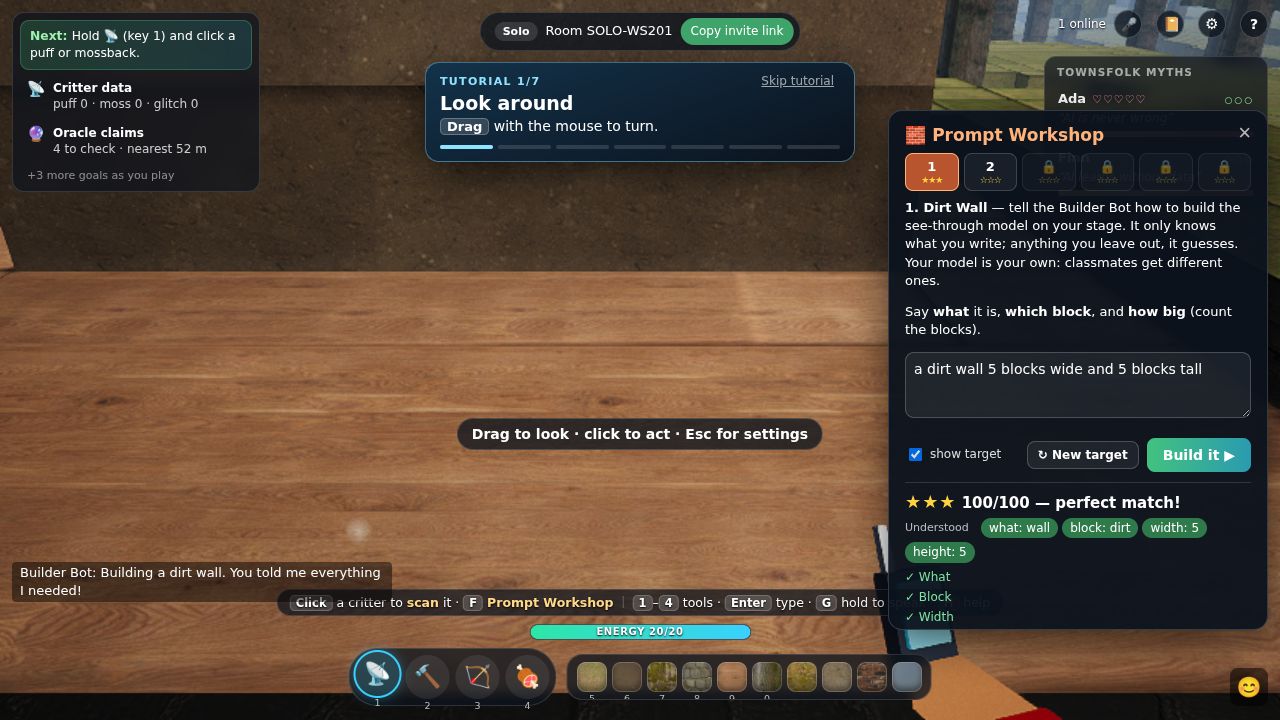 The Prompt Workshop panel showing a perfect score for a precise prompt